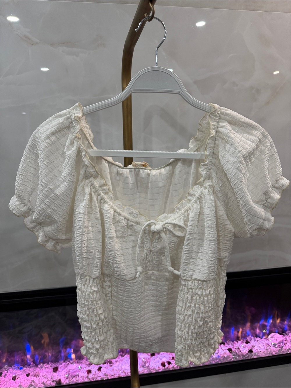 Moa Moa Cream Smocked Puff-Sleeve Square-Neck Blouse